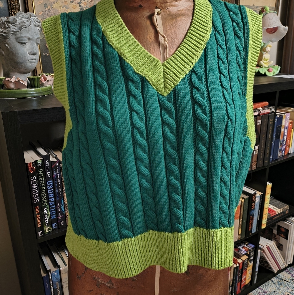 Cable-Knit V-Neck Sweater Vest — Teal with Lime Trim